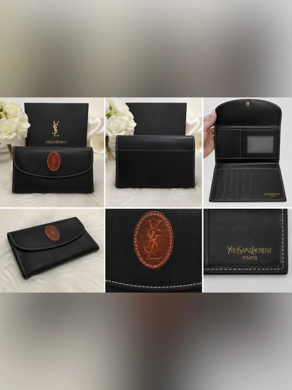 Yves Saint Laurent Black Leather Wallet with White stitching EUC
